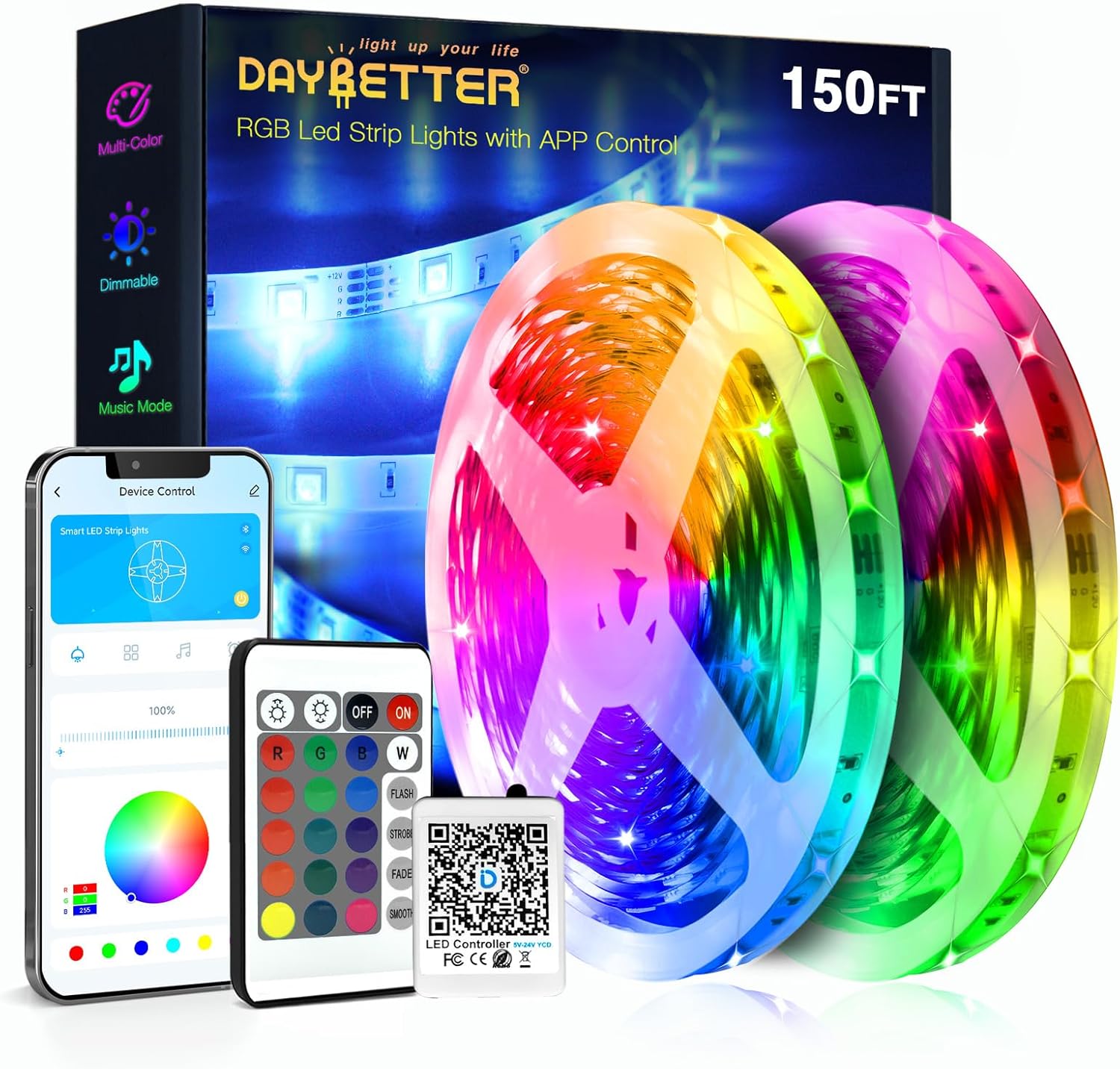 DAYBETTER LED strip lights illuminating a modern living room
